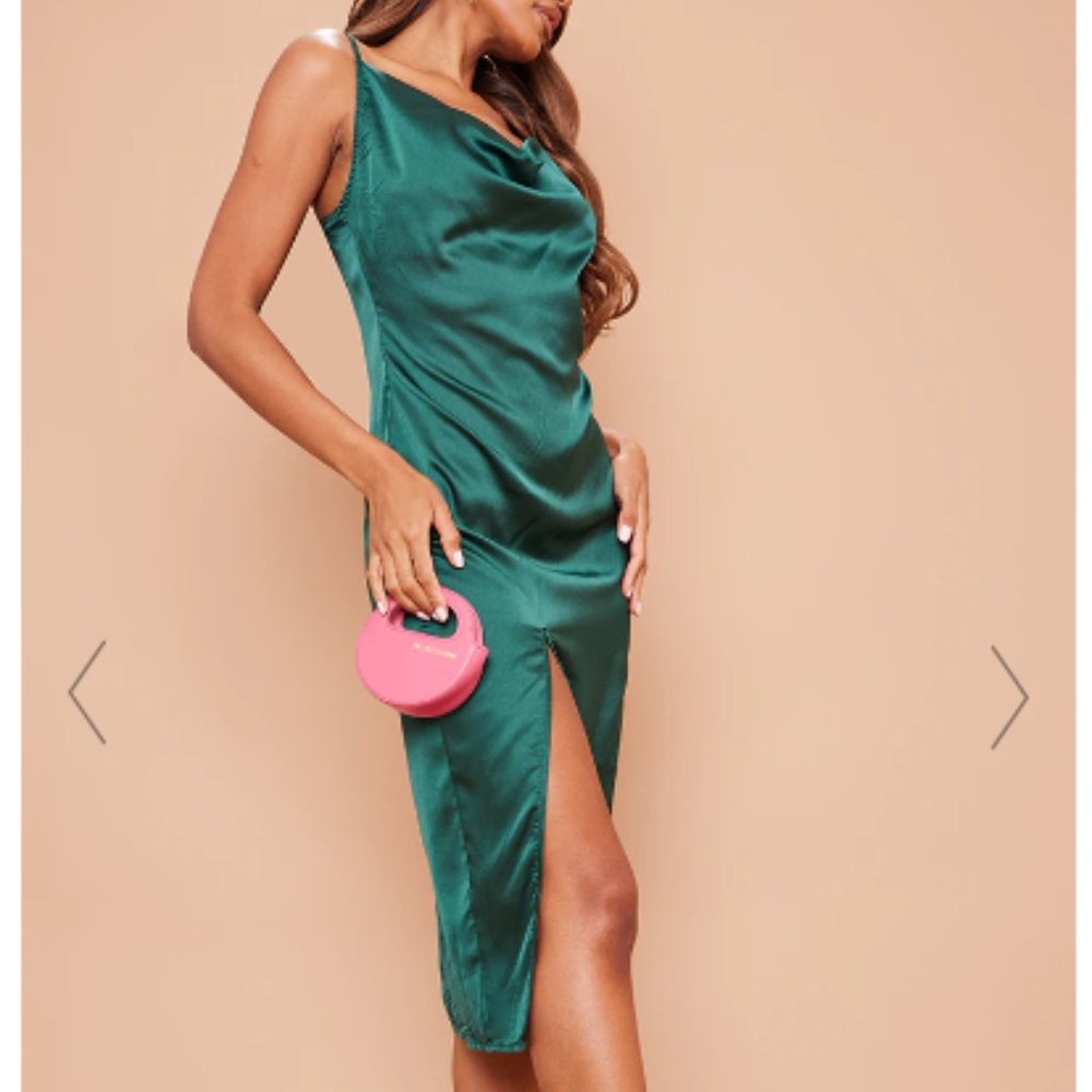 EMERALD GREEN STRAPPY SATIN COWL MIDI DRESS